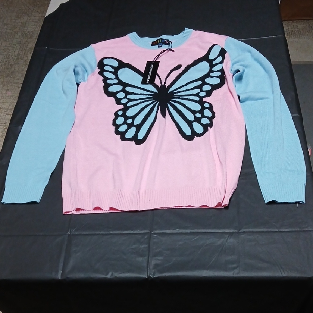 Dolls Kill Delia's Pink & Blue Butterfly Intarsia Knit Sweater XS/S Oversized